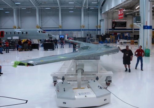 The first Learjet 85 wings for FTV1 being moved into position at the Wichita, Kansas, USA, final assembly line.