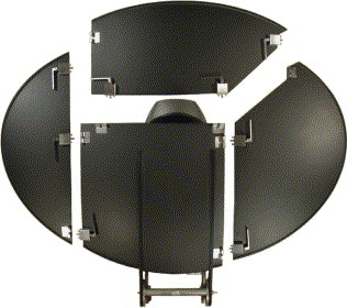 The back of the satellite dish showing the special latching system.