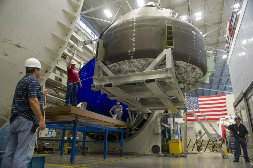 The Composite Crew Module being rolled into the vacuum chamber at Marshall's Environmental Test Facility. (Picture courtesy of NASA/MSFC/Emmett Given.)