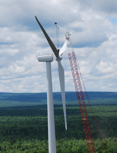 Wind energy is expected to resume its high growth rate and keep carbon fibre manufacturers busy. Here a rotor is being installed on a tower at a wind farm near Altoona, Pennsylvania, USA, which was developed by Gamesa, a world leader in wind power products and wind farms.