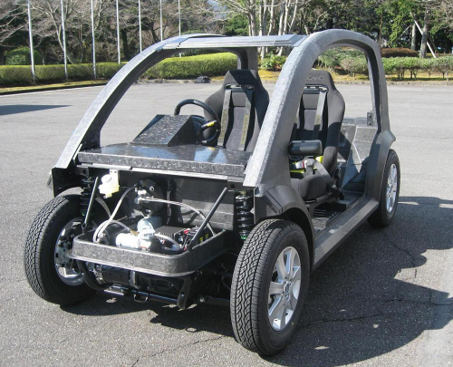 Teijin’s electric concept car demonstrator has a cabin structure made entirely of carbon fibre reinforced thermoplastic composite material.