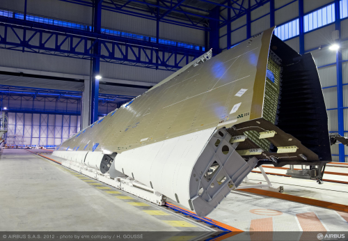 The wing for Airbus’ A350 XWB has been delivered to the aircraft's assembly line in Toulouse, where it will be equipped on an airframe for ground-based structural tests. (Picture © Airbus.)