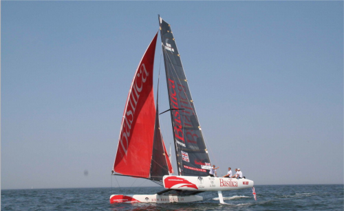 Team Basilica flying their hull for Britain – winners of the iShares Cup Series 2007. (Picture courtesy of Basilica Computing.)