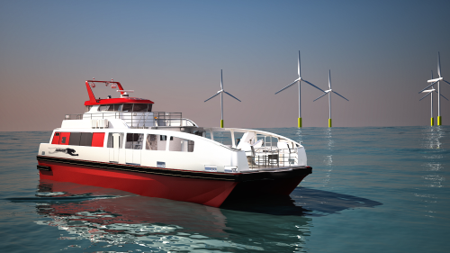 A 23 m CARBOCAT designed for use as a supply and service vessel for offshore wind farms.