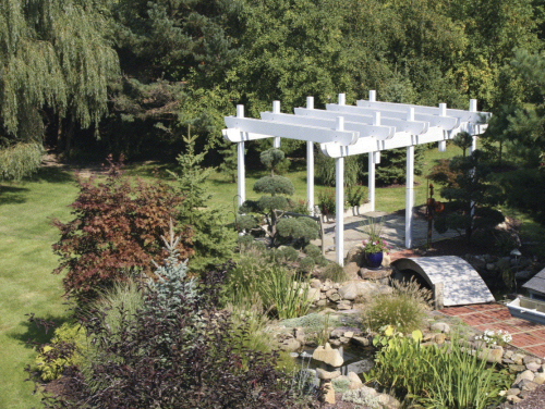 Painted pultrusions provide attractive pergolas with low maintenance. (Picture courtesy of Arbors Direct.)