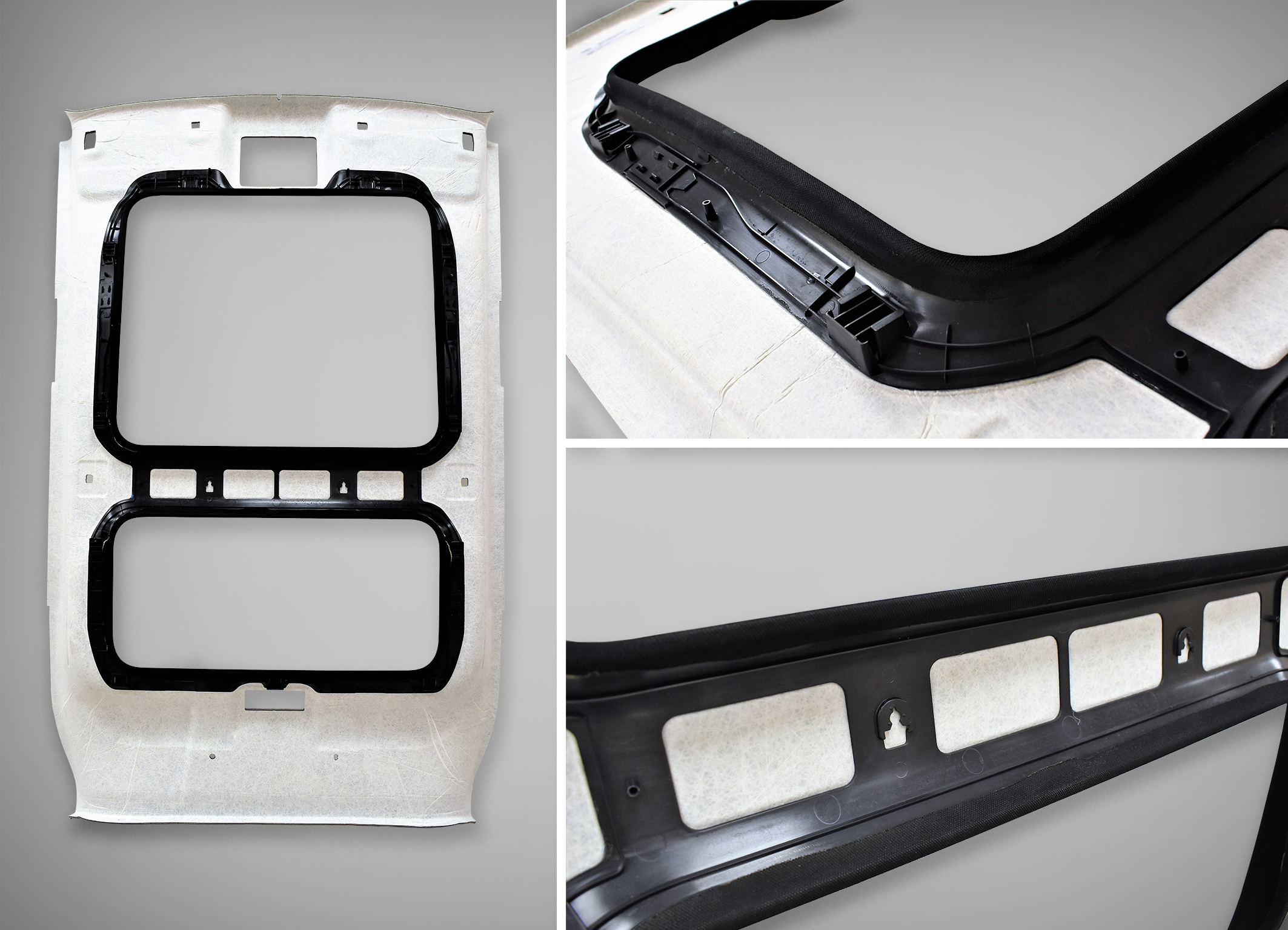 The sunroof opening in the headliner is supported by a structural bracket traditionally made of heavy steel.