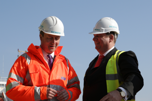 UK Prime Minister David Cameron (left) and Michael Suess, member of the managing board of Siemens AG and CEO of the Energy Sector, in Hull, on day of the announcement of Siemens decision to invest £160 million in wind turbine production and installation facilities in Yorkshire.