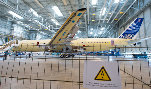 Airbus’ second A350 XWB flight test aircraft, MSN3, undertook lightning strike testing at Airbus' Clément Ader facility in Colomiers, France, in April 2013. (Picture © Airbus.)