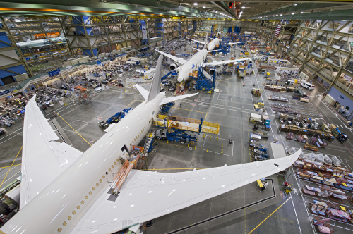 In May, Boeing announced that it was increasing the production rate for its B787 Dreamliner to seven aircraft per month. Here, three Dreamliners are shown in the final assembly facility in Everett, Washington. (Picture © Boeing.)