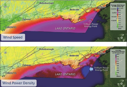 Lake Ontario has both good wind speeds and high wind density, which could result in higher power output. (Image courtesy of Trillium Power.)