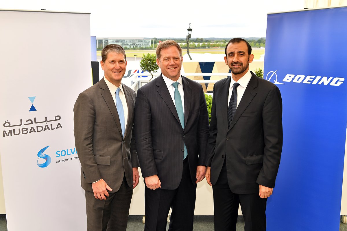 From left: Roger Kearns, member of the executive committee, Solvay, Kent Fisher, vice president and general manager supplier management, Boeing Commercial Airplanes, Homaid Al Shimmari, CEO of aerospace and engineering services at Mubadala.