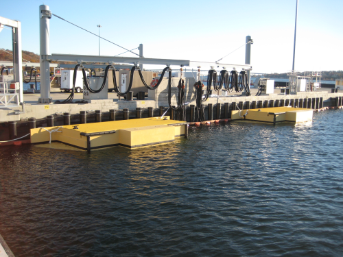 In nautical terms, a camel is a float serving as a fender between a vessel and a pier or similar. This picture shows the Composite Advantage camels (in yellow).