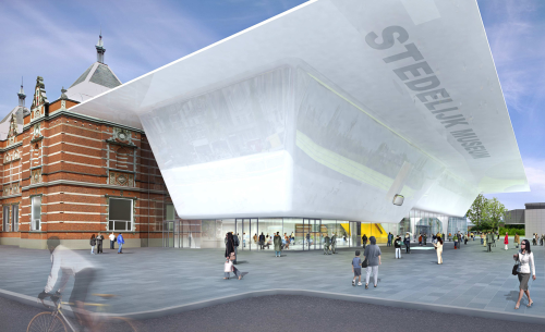 Artist rendering of the completed Stedelijk Museum in Amsterdam shows the composite panels in place, giving the appearance of a seamless surface.