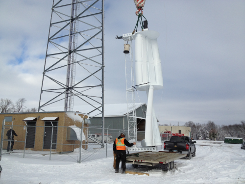 The rotary section of a WindStrip wind turbine is loaded on a truck for shipment to a communication tower site in southern Minnesota. The turbine is part of a joint project with the Minnesota Department of Transportation and will provide part of the primary and also back-up power for the towers operation.