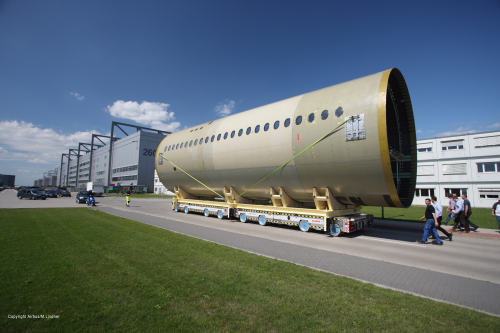 The second large test composite fuselage section for the A350 XWB jetliner has been completed at the Airbus facility in Hamburg, Germany. (Picture © Airbus SAS.)