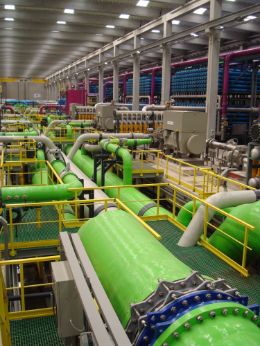 Reverse osmosis section in desalination plant.
