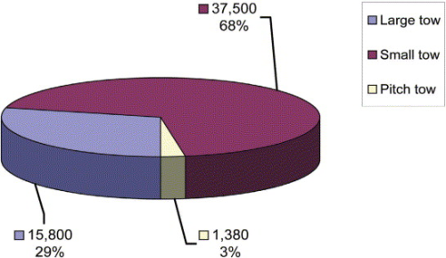 Figure 1: 2007 worldwide PAN and pitch-based carbon fibre name plate capacity, by tow size/type (tonnes).