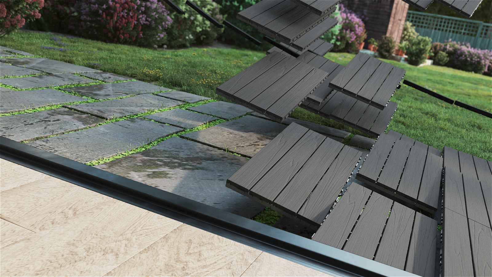 The 605 mm by 305 mm decking tiles have an interlocking design.