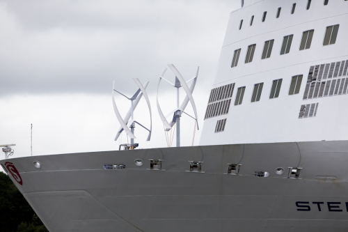 The two 4 kW wind turbines are situated at the prow of the ferry.
