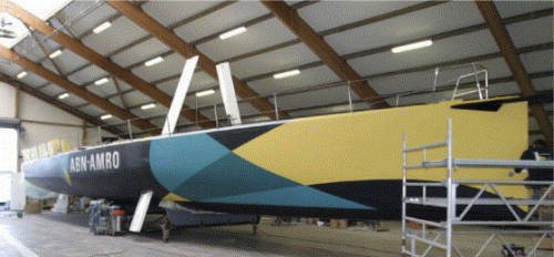 Hull and deck structure, complete with paint finish. Note the raised daggerboards (white).