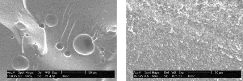 Under an electron microscope at 500x power, the difference in SMC morphology between a powder primable SMC formulation and traditional SMC can be compared relative to paint surface quality. (Source: Ashland Composite Polymers.)