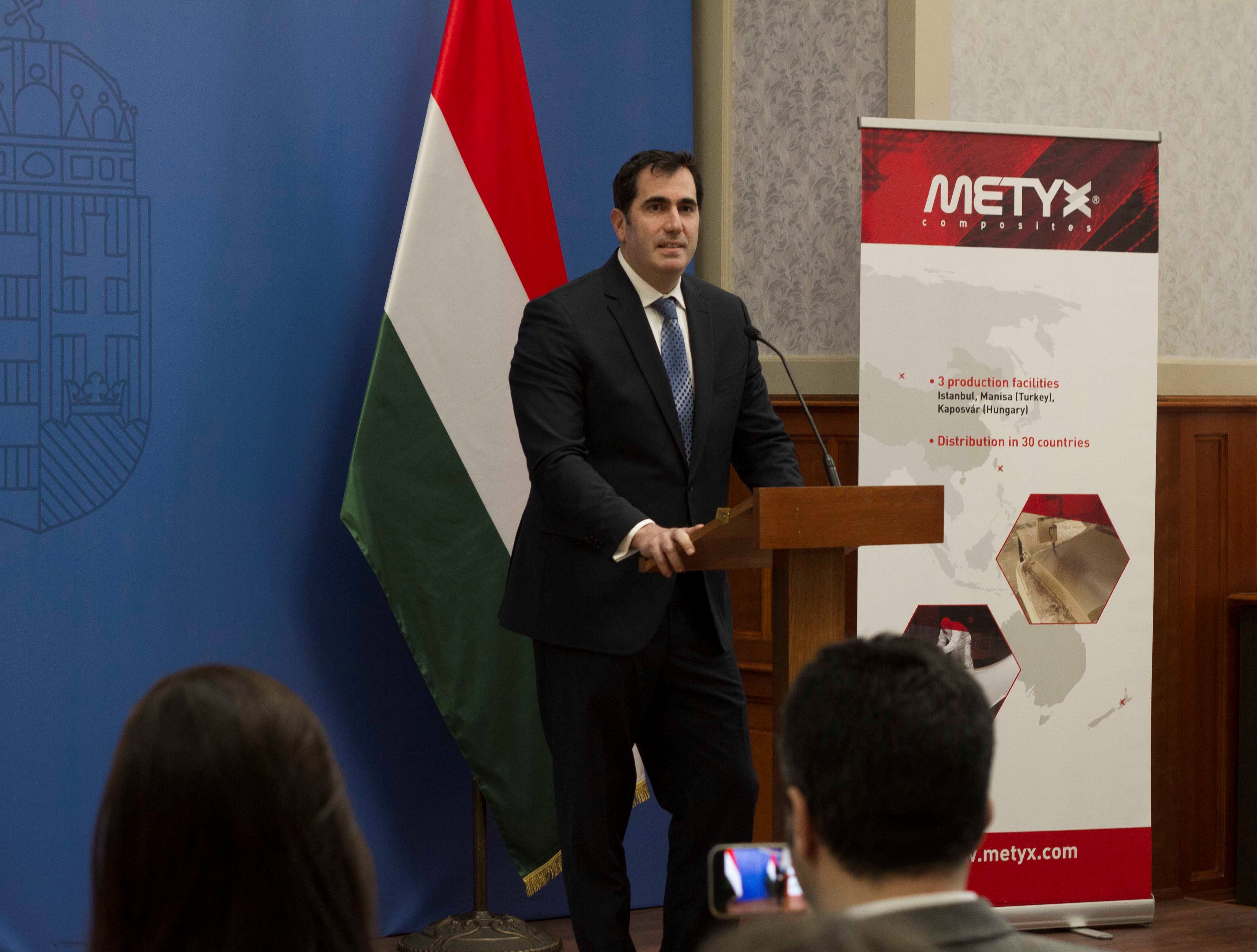Ugur Üstünel, co-director of Metyx Group, speaking at a press conference in Budapest.