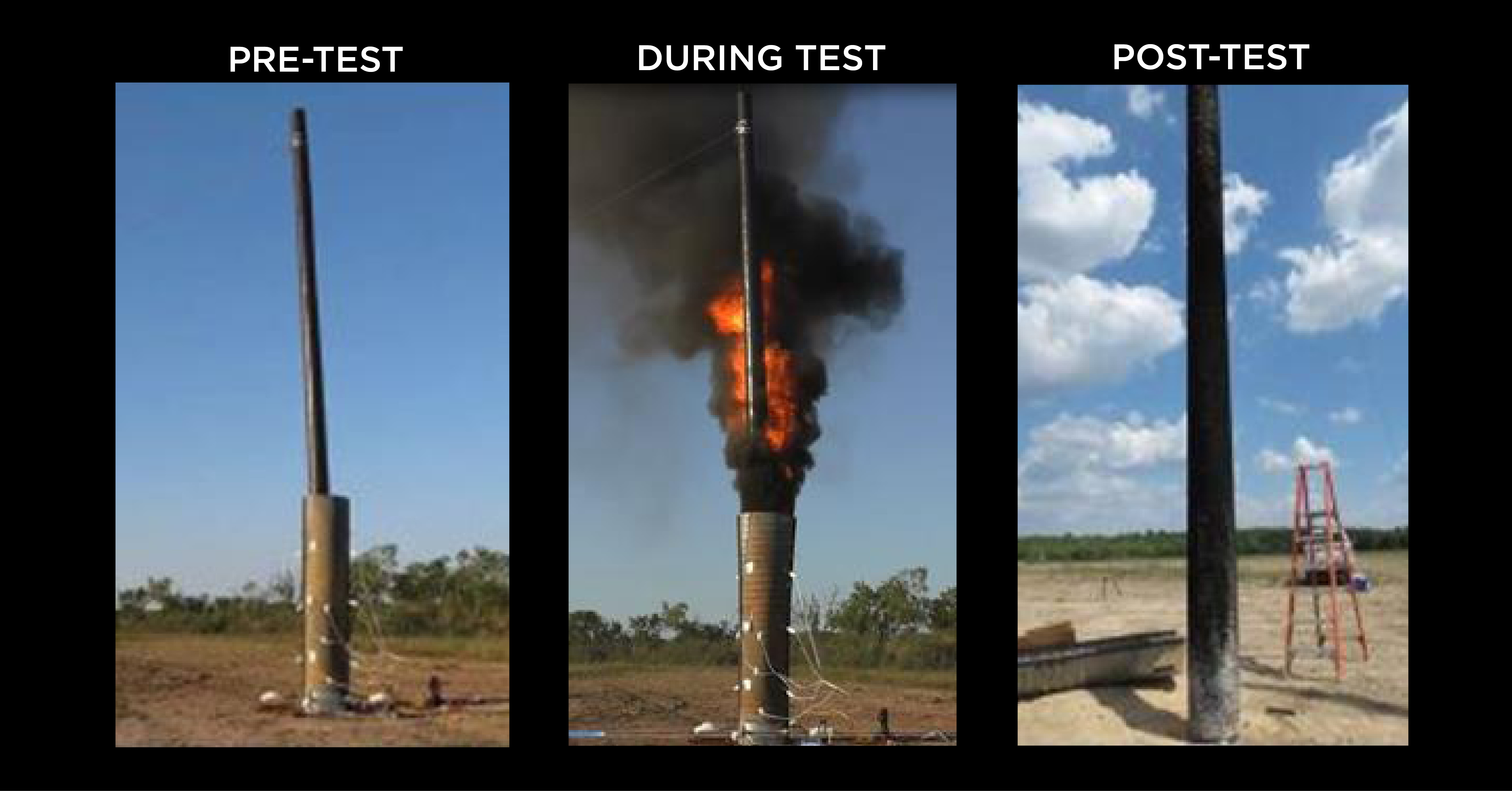 The material withstood a wildfire test whereby the utility pole is enclosed within a steel culvert and subjected to 1150°C/2100°F for 2 and 3 minutes respectively.