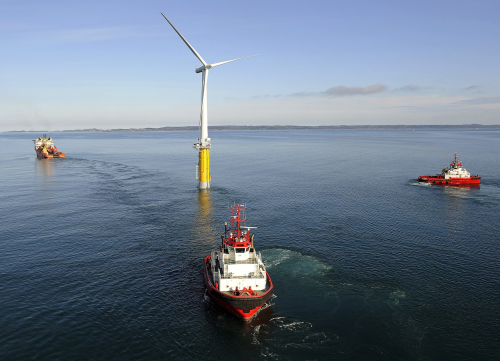 The world’s first large-scale floating wind turbine is located approximately 12 km south east of Karmøy in Norway at a water depth of about 220 m.