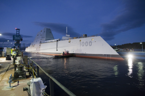The Zumwalt-class guided-missile destroyer DDG 1000 is floated out of dry dock at the General Dynamics Bath Iron Works shipyard at Bath, Maine, USA, on 28 October. (US Navy photo courtesy of General Dynamics/Released.)
