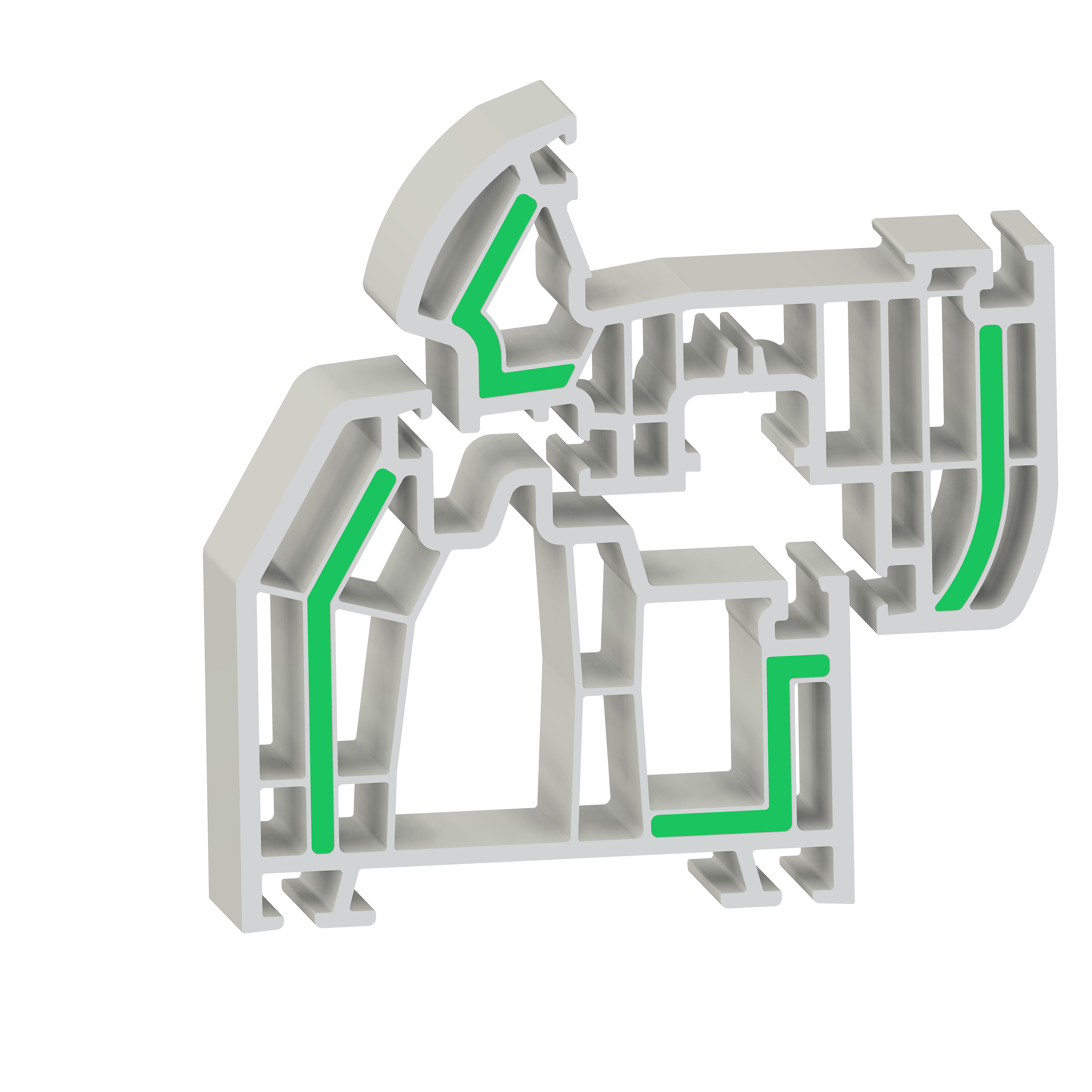 Ultradur (green) in a PVC window profile, produced in the co-extrusion process.