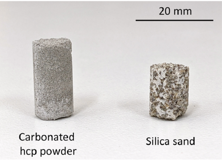 Two samples of calcium carbonate concrete, one using hardened cement paste (left) and the other using silica sand. Both raw materials are common construction and demolition waste products.