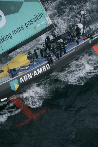 The swingkeel is painted fluorescent orange to increase its visibility in case a VO70 capsizes. (Picture courtesy of ABN AMRO.)