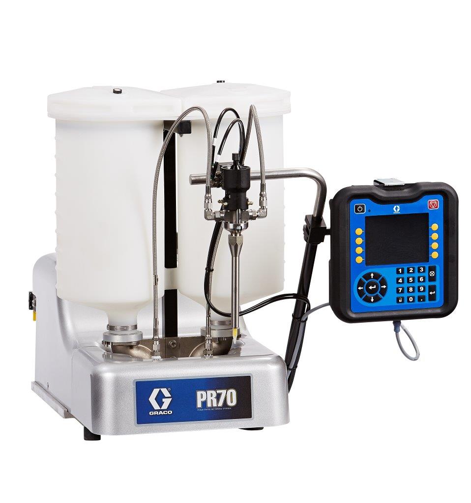 The Graco PR70 fixed and variable ratio systems can meter, mix and dispense medium-to-low viscosity materials for potting, gasketing, sealing, encapsulation and syringe filling.