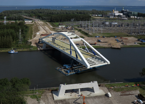 The Uyllander Bridge being moved into place across the Amsterdam-Rhine Canal in the Netherlands. The bridge was constructed using composite formwork. (Picture courtesy of Poly Products.)