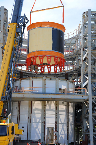 One of the largest composite cryotanks ever built recently completed a battery of tests at NASA's Marshall Space Flight Center in Huntsville, Alabama. The tank was lowered into a structural test stand where it was tested with cryogenic hydrogen and structural loads were applied to simulate stresses the tank would experience during launch.
(Image courtesy of NASA/David Olive.)