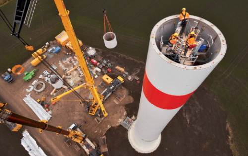 REpower Systems has introduced a wind turbine of the 3MW class with a hub height of 143 metres. With a 114 meter rotor diameter, the new variant of the 3.XM series turbine is aimed at low-wind locations (image shows a 3.4M104 turbine at Project Clauen).