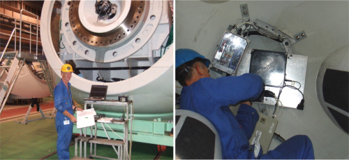 Installing optical fibre strain instrumentation inside a rotor hub.