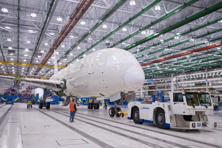 The first South Carolina-built 787 moves to Final Assembly Position 3 early in the morning of 18 December, shortly after achieving 'weight on wheels' for the first time.