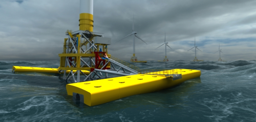 The Wave Treader machine attaches to the transition piece of an offshore wind turbine to generate combined wind and wave energy, thereby significantly increasing the energy yield of the offshore wind farm.