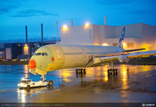 A350 XWB MSN1 makes its first journey on wheels, from Station 40 at the final assembly line in Toulouse, France, to Station 30 for functional systems testing. (Picture © Airbus S.A.S 2012. Photo by P. Masclet.)