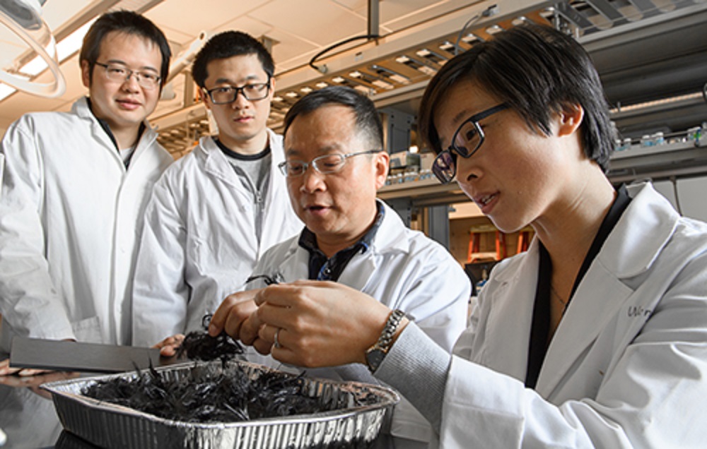 Jinwen Zhang with his carbon fiber recycling research team.